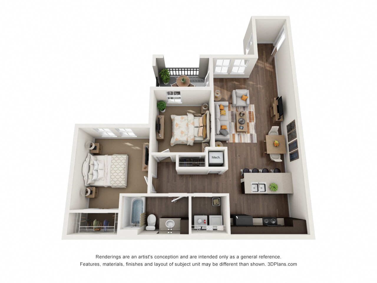 Floor plan for 2 beds, 1 bath, 961 sqft